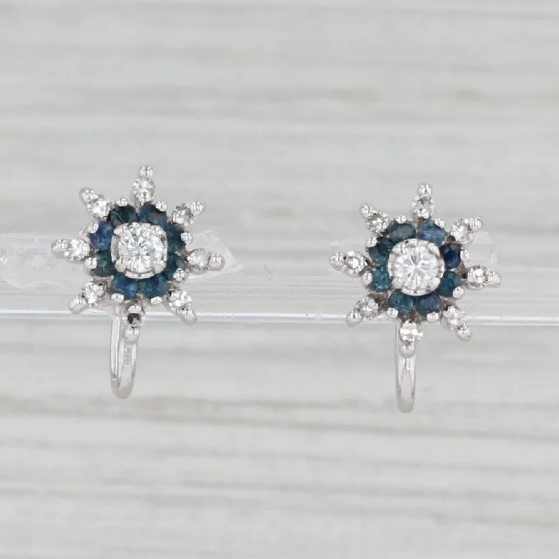 women's earrings with stud and halo design -0.85ctw Blue Sapphire Diamond Flower Earrings 14k Gold Screw Back Non Pierced