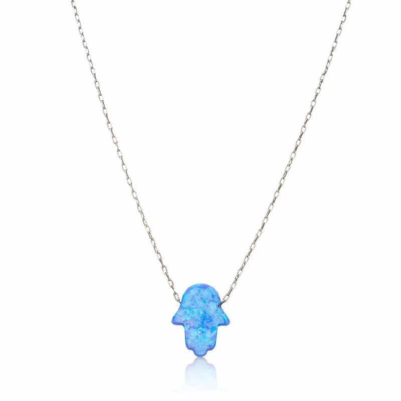 women's necklaces with delicate diamond -Blue Opal Hamsa Hand Necklace on Sterling Silver Chain