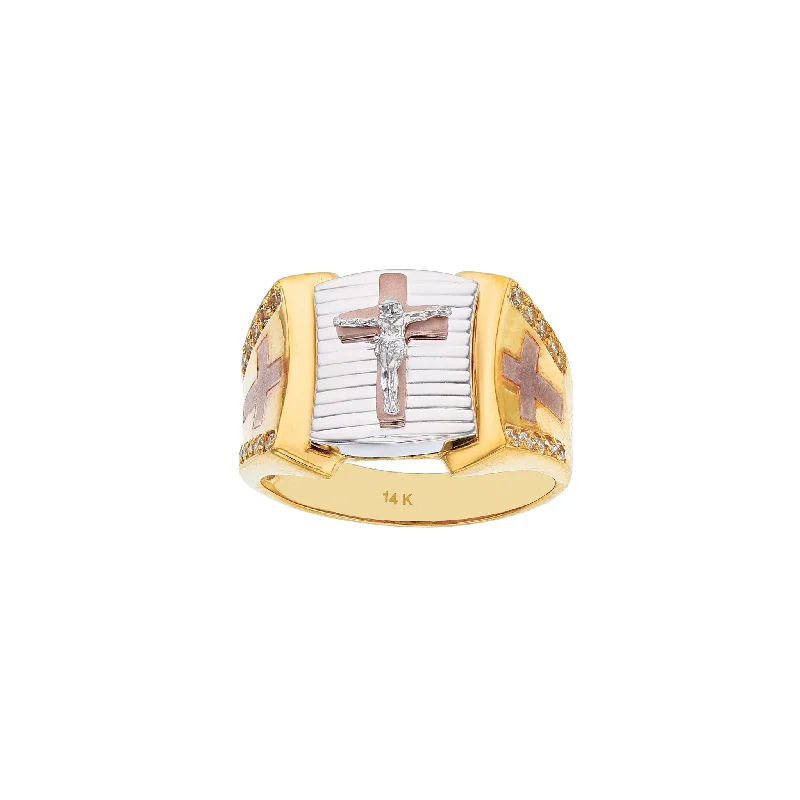 women's rings with diamond accents -Tri-Color Crucifix & Cross Ring (14K)