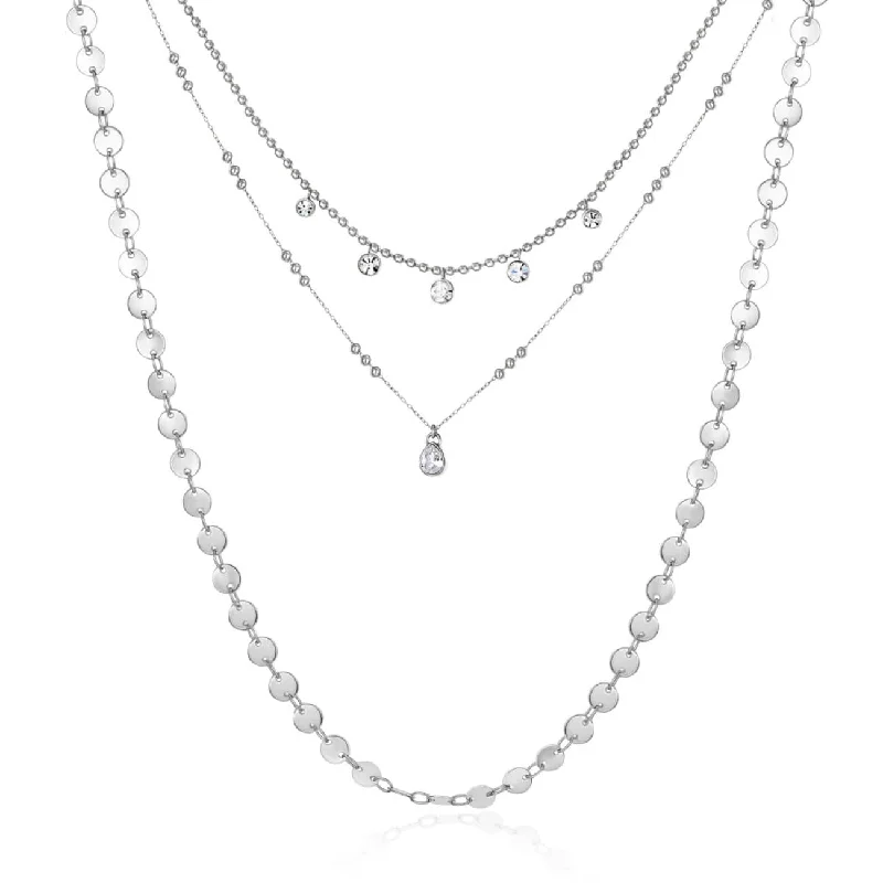 women's necklaces diamond -Stainless Steel Triple Strand Chain Necklace with Clear Crystal Charms