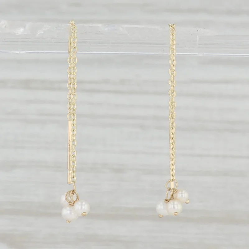 women's earrings with diamond accents -Cultured Pearl Cluster Threader Earrings 14k Yellow Gold Pierced