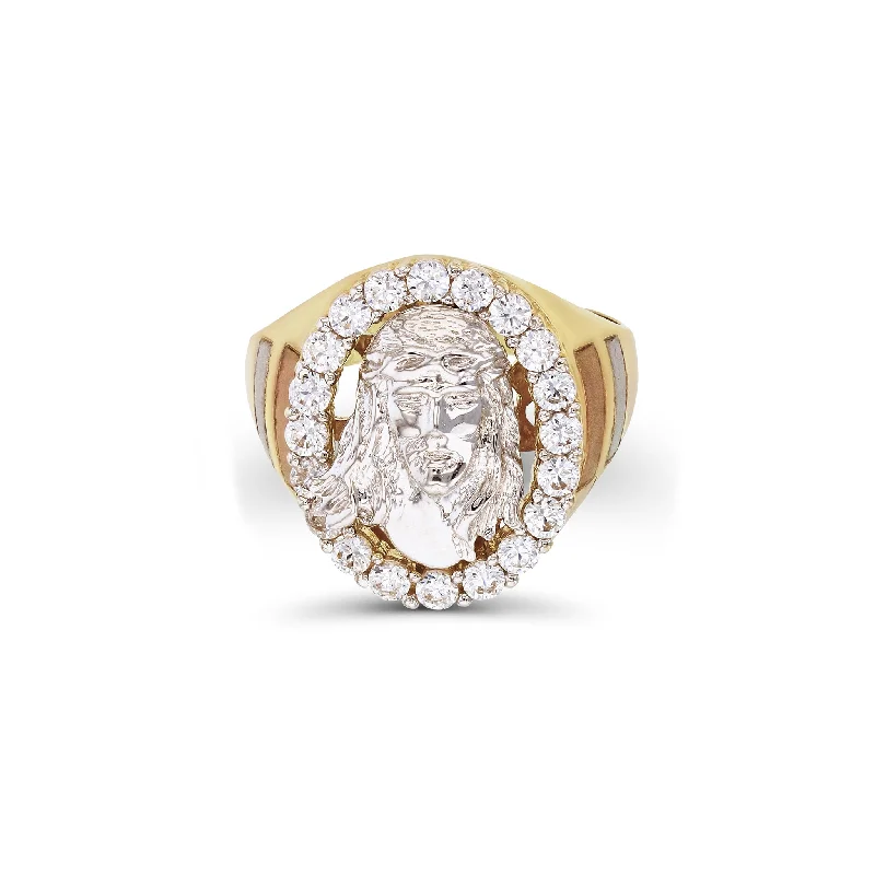 women's rings with diamond cluster -Tri-Color Halo Jesus Head Ring (14K)