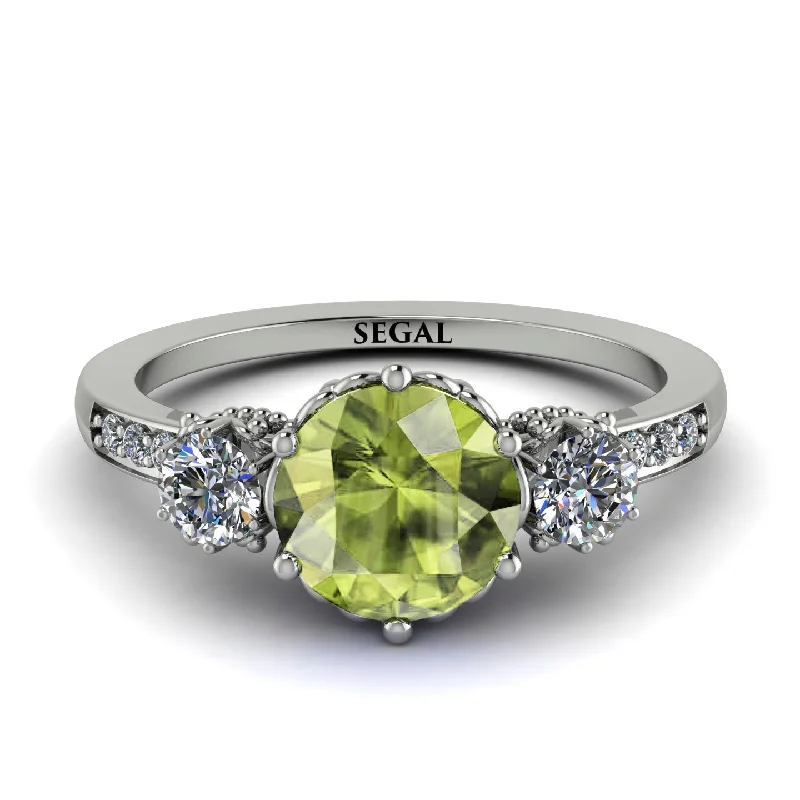 women's engagement rings with double halo -Vintage 3 Stones Peridot Ring With Micro Pave - Luna No. 703