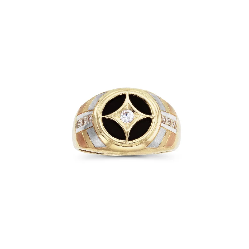 women's rings with classic design -Tri-Color Black Onyx Star Ring (14K)