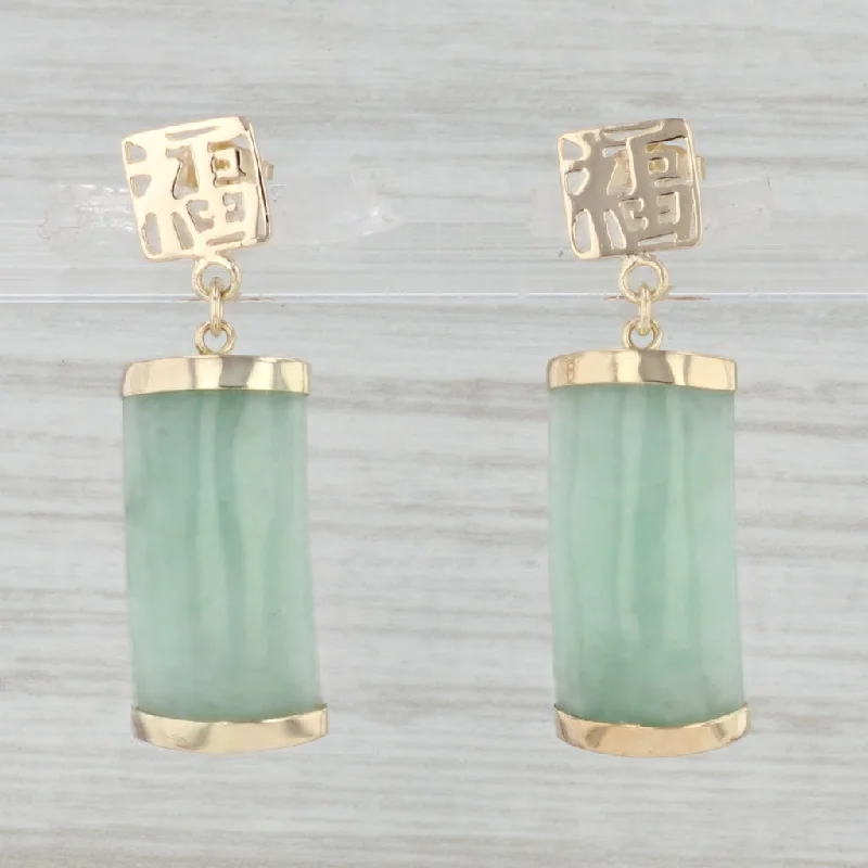 women's earrings with bold design -Green Jadeite Jade Dangle Earrings Good Luck Chinese Character 14k Gold Drops