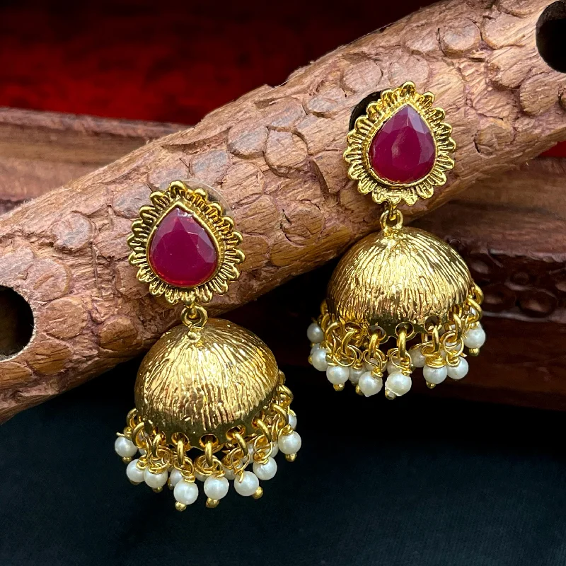 women's earrings with heart shape -Elegant Antique Gold Ruby Red Jhumka Earrings