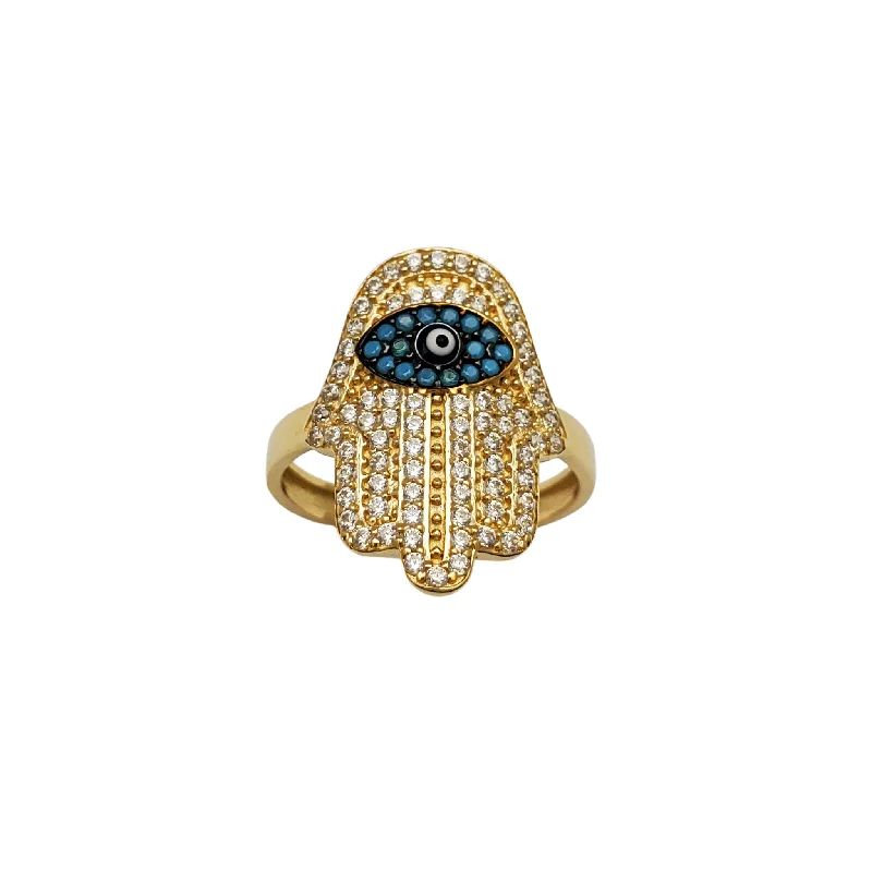 women's rings with heart shape -Evil Eye Hamsa CZ Ring (14K)