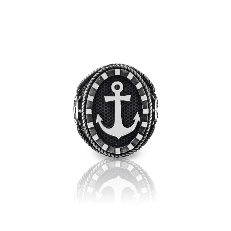 women's rings with diamond accents -Antique Finish Wheel & Anchor Ring (Silver)