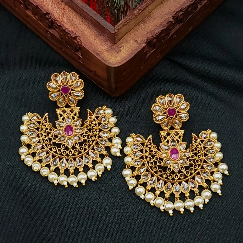 women's earrings with drop style -Polki LCD Red & Champagne Chandbali Earrings with Pearl