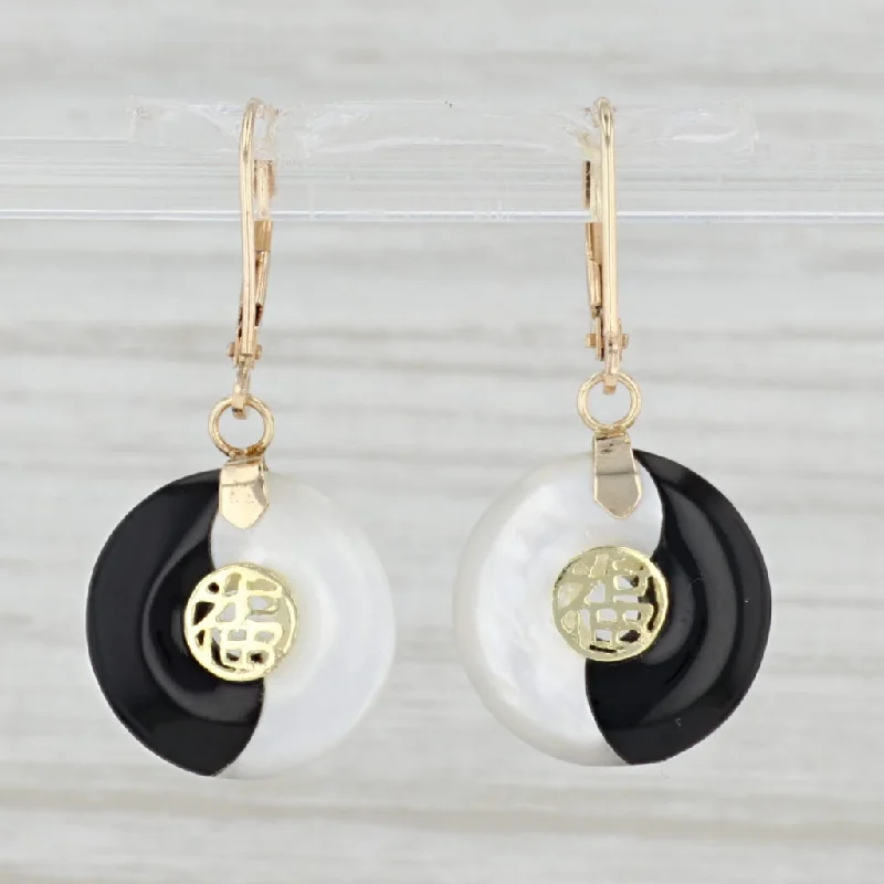 women's earrings with moonstone accents -Mother of Pearl Onyx Yin Yang Earrings 14k Gold Chinese Character Good Luck