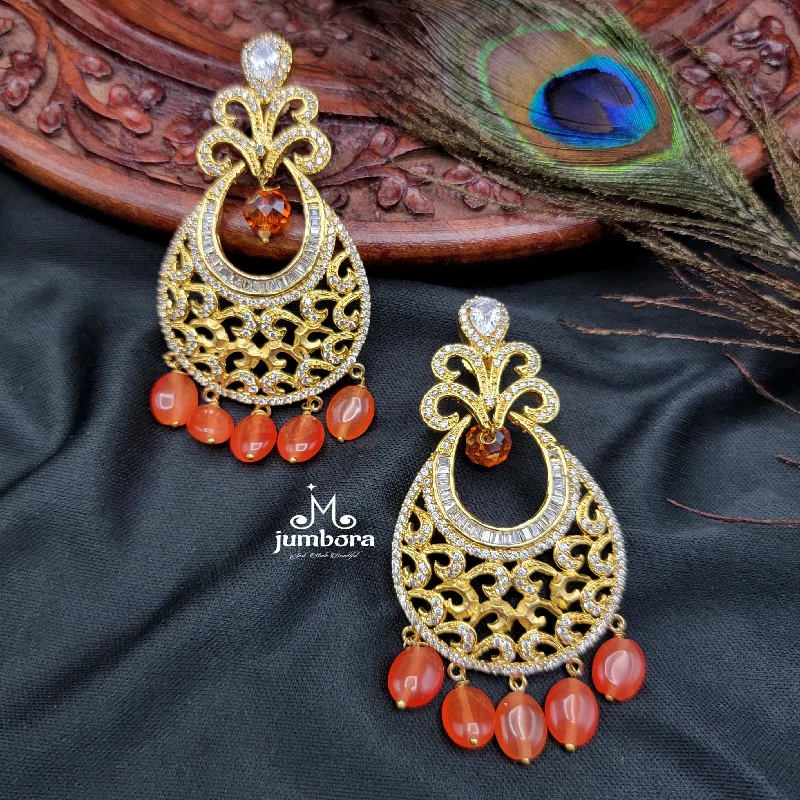 women's earrings with delicate filigree -Partywear Designer White AD Zircon Chaandbali Earrings With Orange Beads