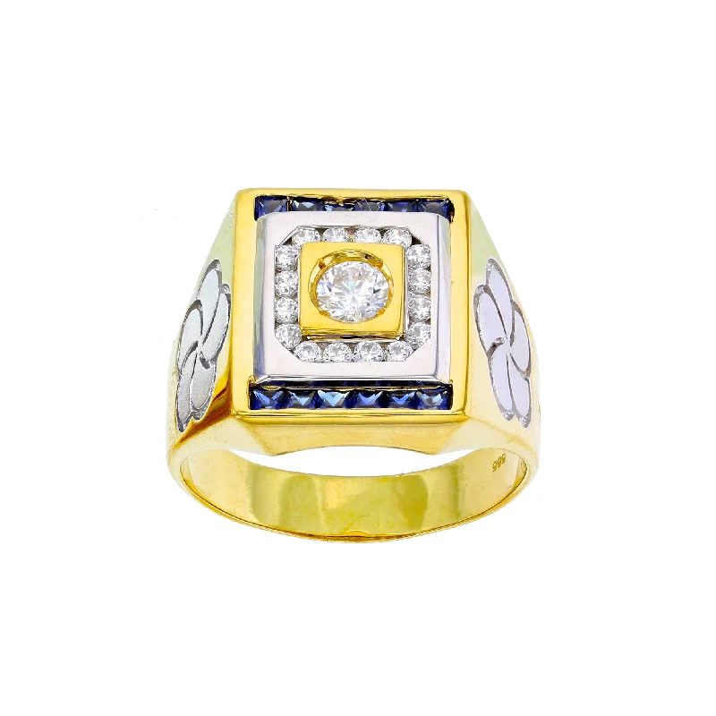 women's rings with twisted design -Stones Square Bezel Setting Flower Design Men's Ring (14K)