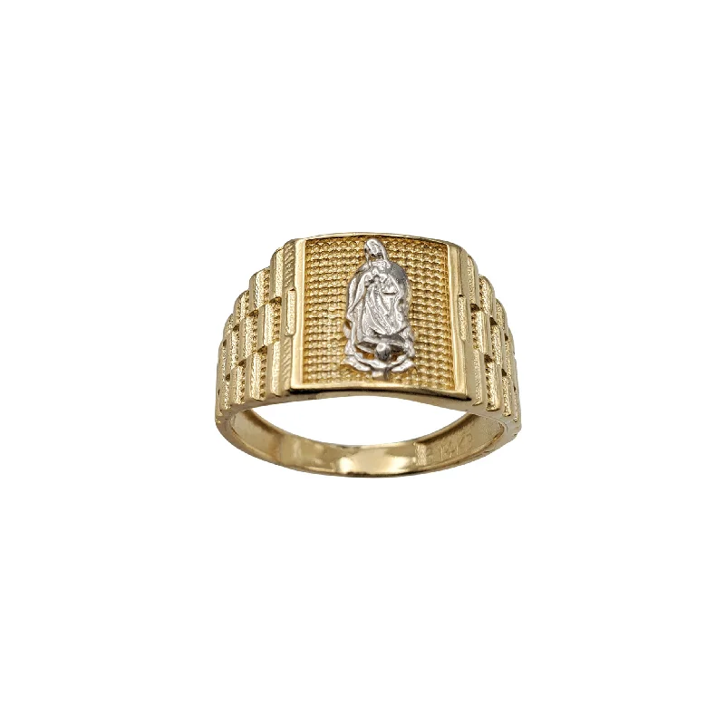 women's rings with gemstone cluster -Two-Tone Virgin Mary Emblem Ring (14K)