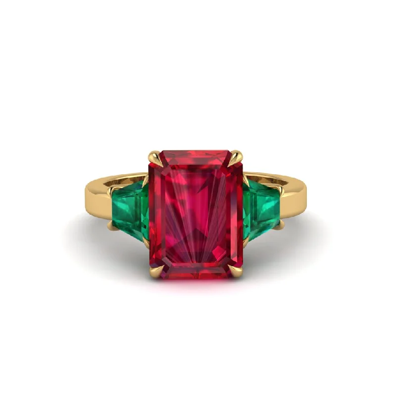 women's engagement rings with twist band design -Ruby Emerald Cut Three Stone Ring With Custom Baguette - Yvette No. 25