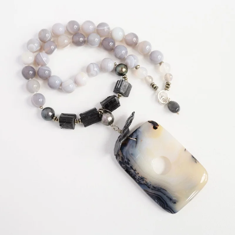 women's necklaces with simple elegance -Grey Agate & Black Tourmaline with Dendritic Agate Necklace