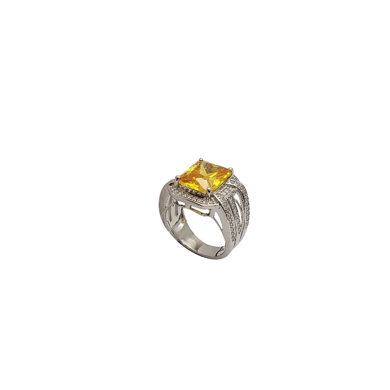 women's rings with vintage appeal -Yellow Cz Rectangle Ring (Silver)