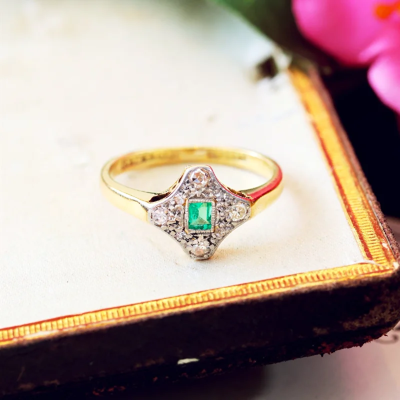 women's engagement rings with rose gold -Vintage Art Deco Emerald & Diamond Cluster Ring