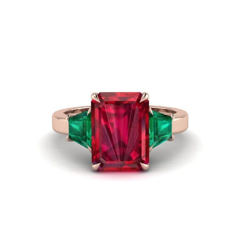 women's engagement rings with three-stone design -Ruby Emerald Cut Three Stone Ring With Custom Baguette - Yvette No. 26