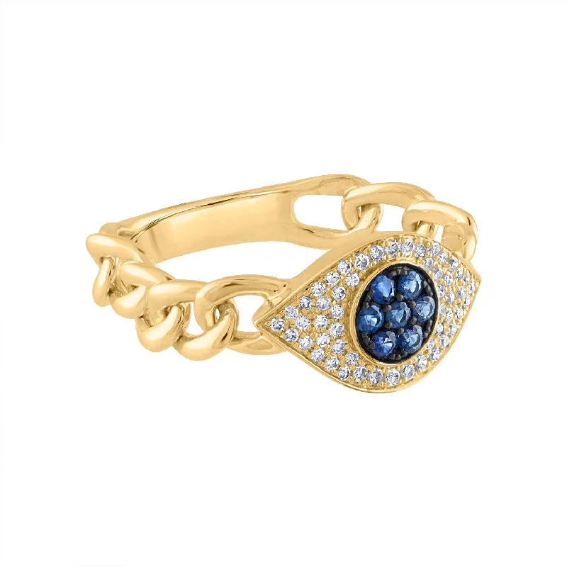 women's engagement rings with bold design -14KT GOLD DIAMOND AND BLUE SAPPHIRE EVIL EYE CHAIN LINK RING