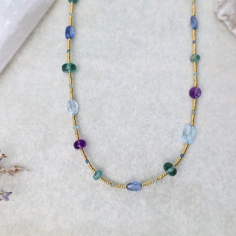 women's necklaces with cross design -Gold glass, Amethyst, Grandidierite, & Blue Gemstone Necklace