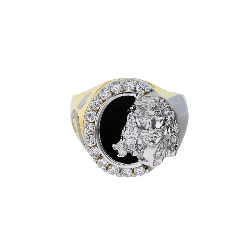 women's rings with teardrop gemstone -Black Onyx Jesus Head Men's Ring (14K)