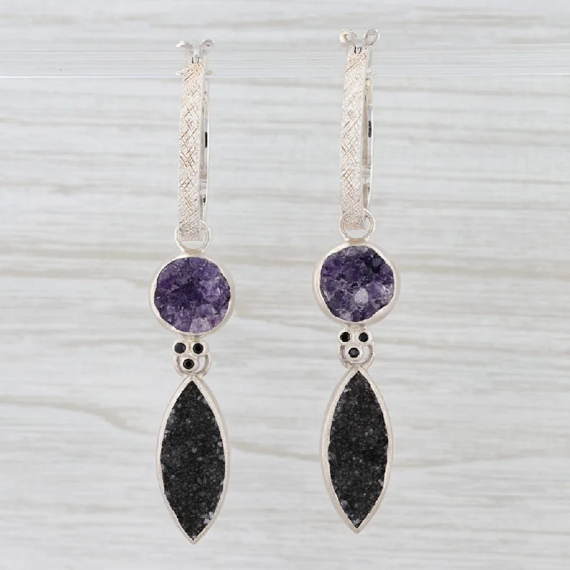 women's earrings with stud and halo design -New Nina Nguyen Hoop Earrings Sterling Silver Amethyst Black Druzy Spinel Charms