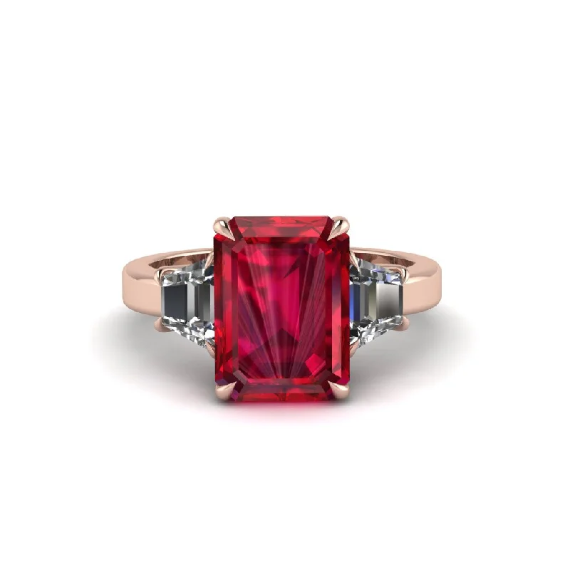 women's engagement rings with minimalistic design -Ruby Emerald Cut Three Stone Ring With Custom Baguette - Yvette No. 11