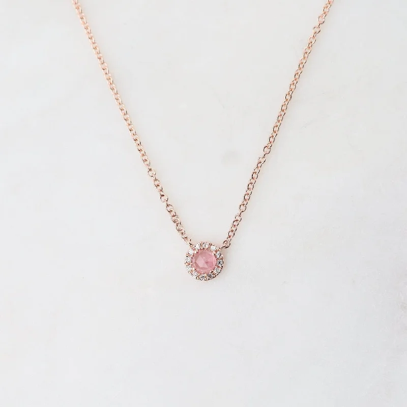 women's necklaces with engraved pendant -14k Pink Tourmaline Diamond Halo Necklace