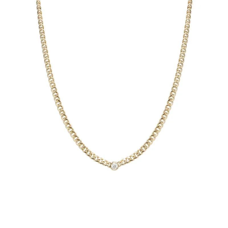 women's necklaces with polished finish -14K Gold Small Curb Chain Necklace with Floating Diamond Necklace