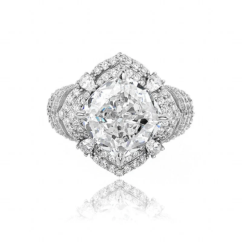 women's engagement rings with floral design -Exquisite Sterling Silver Cushion-Cut Diamond Halo Ring with Pave Band