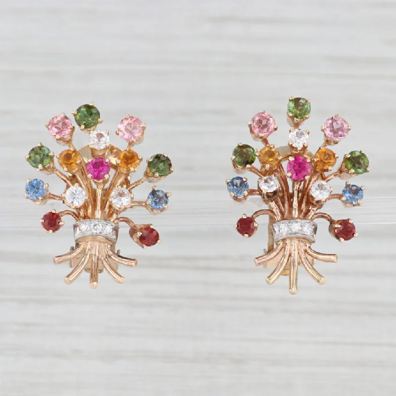 women's earrings with dangle earrings -Vintage 4.54ctw Gemstone Flower Bouquet Earrings 14k Gold Clip On Non-Pierced