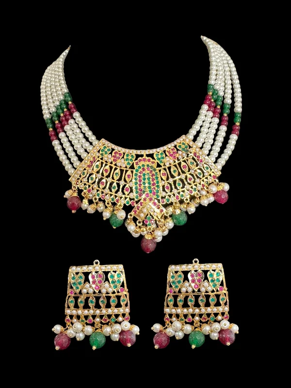 women's necklaces with opal -DNS67 Khudra punjabi Jadau necklace set in Ruby emerald  ( READY TO SHIP )