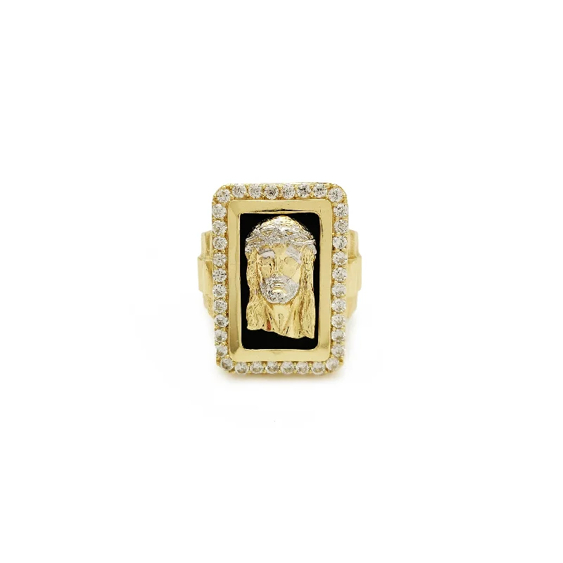 women's rings with halo setting -Rectangle Halo Jesus Head Presidential Ring (14K)