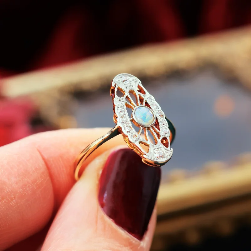 women's engagement rings with white gold -True Delight! An Antique Filigree Opal & Diamond Panel Ring