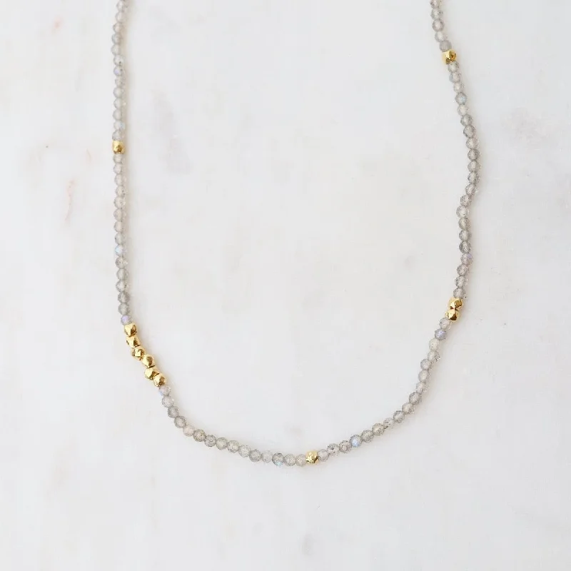 women's necklaces with opal accents -Tiny Labradorite & Gold Nugget Beaded Necklace