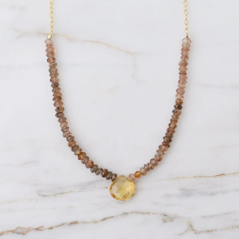 women's necklaces with drop design -Rutilated Quartz Arc & Citrine Briolette Drop Necklace