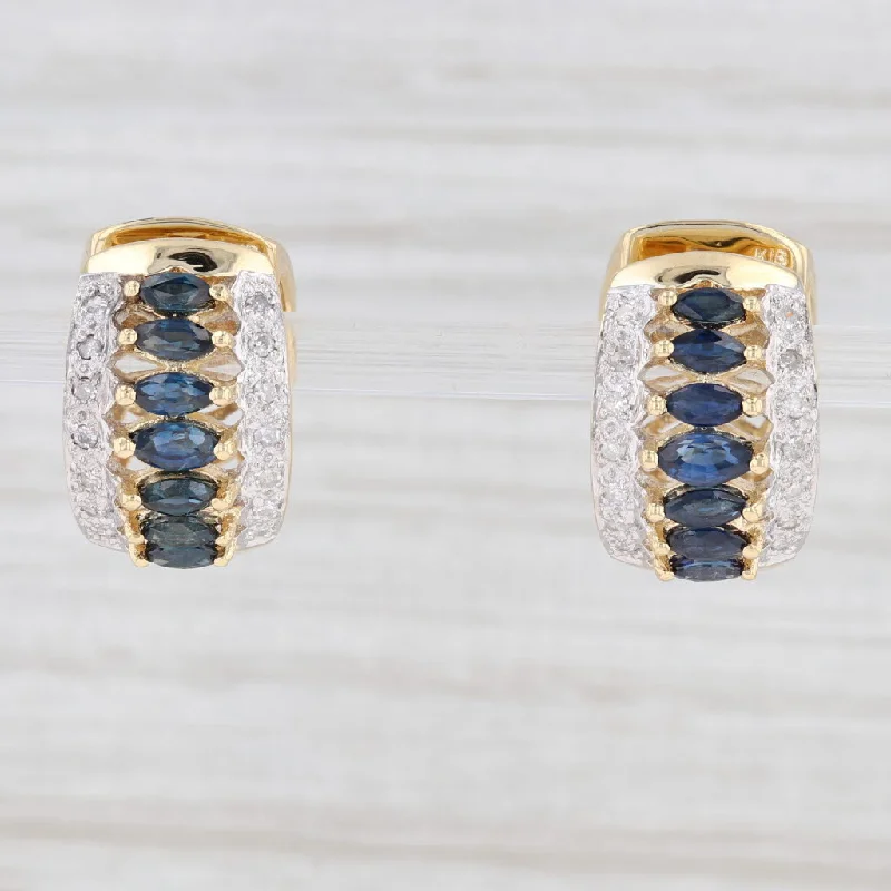 women's earrings with mixed metals -1.76ctw Blue Sapphire Diamond Hoop Huggie Earrings 18k Yellow Gold Snap Top