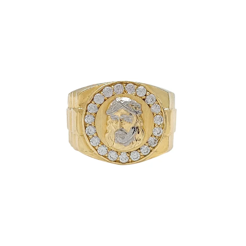 women's rings with white gold band -Presidential Motif Band Accent CZ Jesus Head Ring (10K)