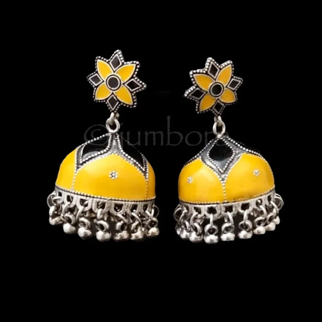 women's earrings with vintage style -Hand painted Meenakari Oxidized German Silver Jhumka Earrings