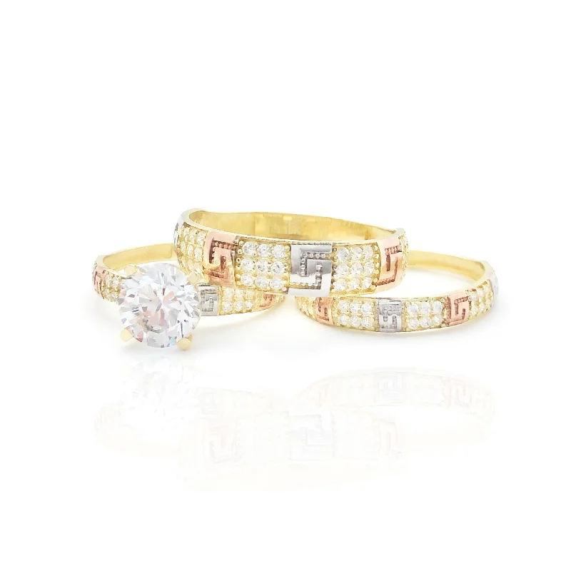 women's rings with vintage band -Tri-Color Greek Key Pattern Three Piece-Set Ring (10K)