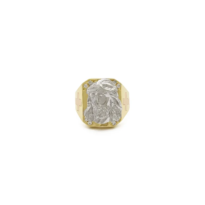 women's rings with sleek silhouette -Tri-Tone Jesus Head Signet Ring (14K)