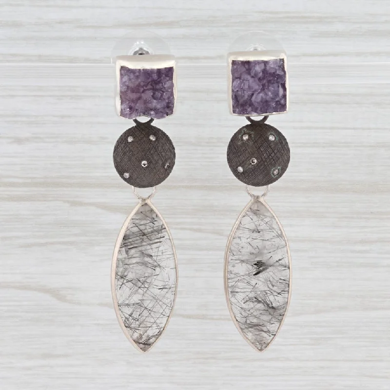 women's earrings with enamel finish -New Nina Nguyen Amethyst Quartz Diamond Drop Earrings Interchangeable Statement