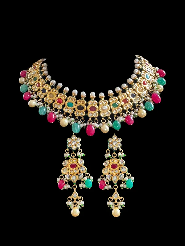 women's necklaces with drop design -DNS69 Reva necklace set  - Navratan ( READY  TO SHIP )