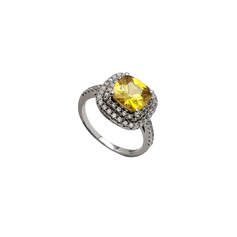 women's rings with minimalist band -Halo Pave Yellow Zirconia Ring (Silver)