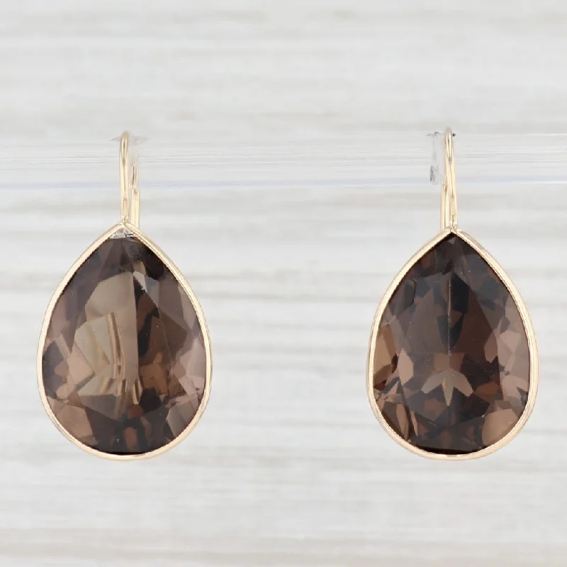 women's earrings with classy studs -23ctw Pear Smoky Quartz Teardrop Earrings 14k Yellow Gold Hook Posts