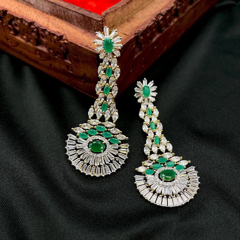 women's earrings with leverback closure -Statement Long White & Green AD Zircon (CZ) Earrings