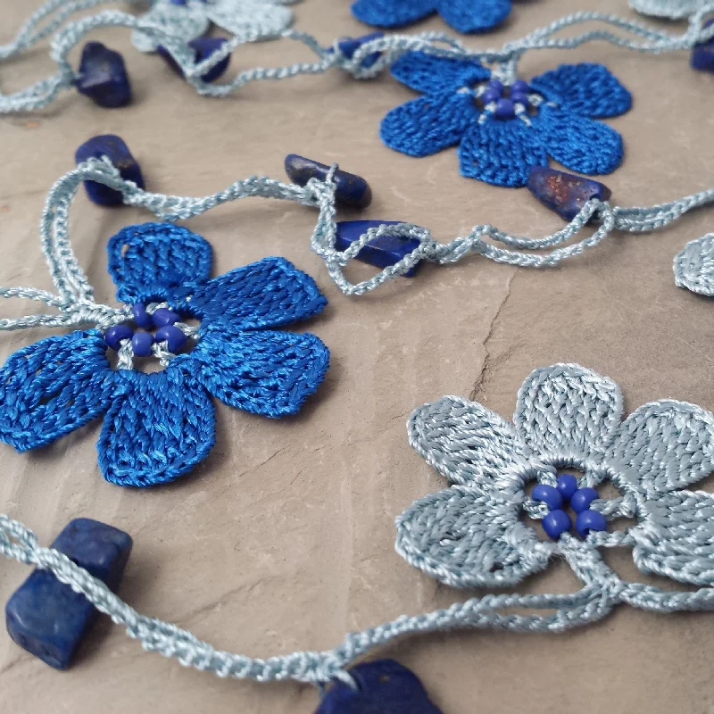 women's necklaces with vintage-inspired pendant -Blue Crocheted Lariat Necklace