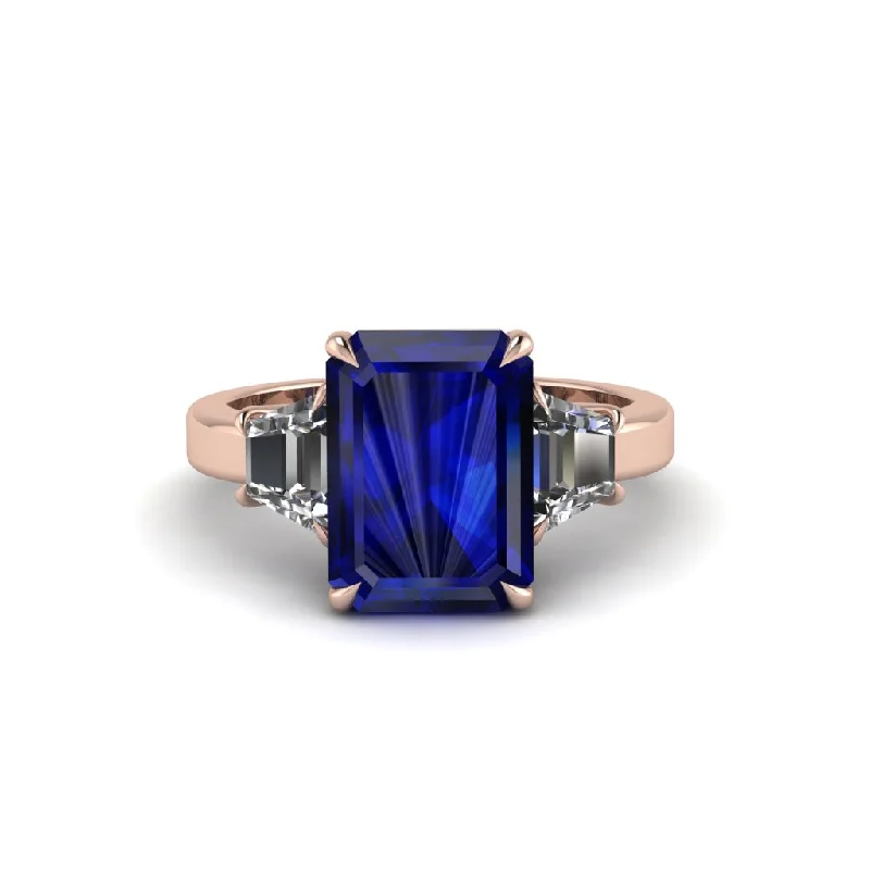 women's engagement rings with gemstone center stone -Sapphire Emerald Cut Three Stone Ring With Custom Baguette - Yvette No. 14