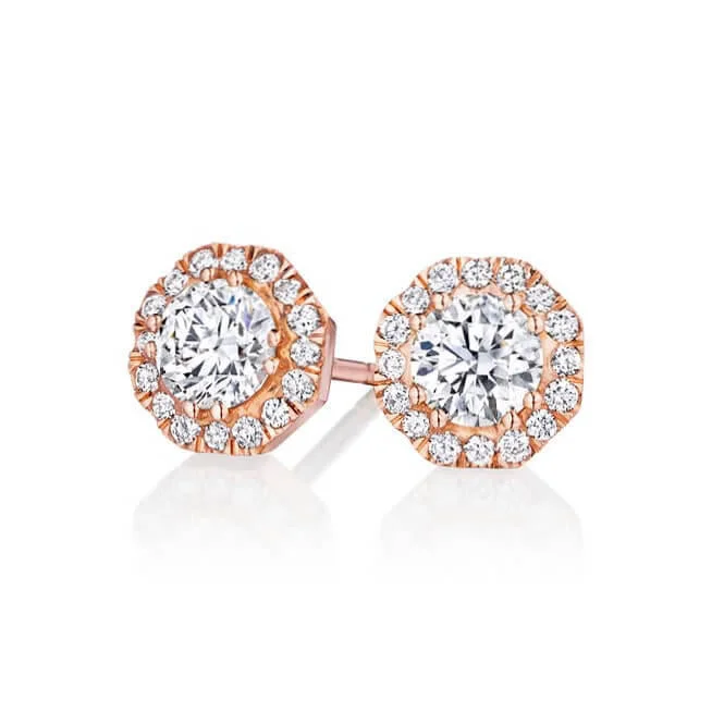 women's earrings with 14k gold -OCTAGON HALO DIAMOND STUD EARRINGS