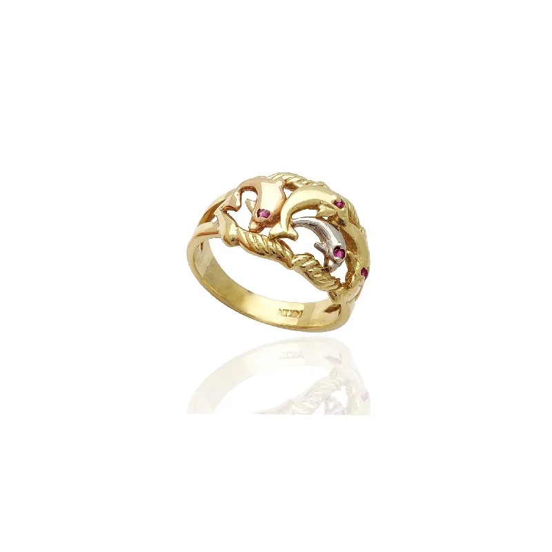 women's rings with infinity symbol design -Tri-Tone Dolphin CZ Ring (14K)